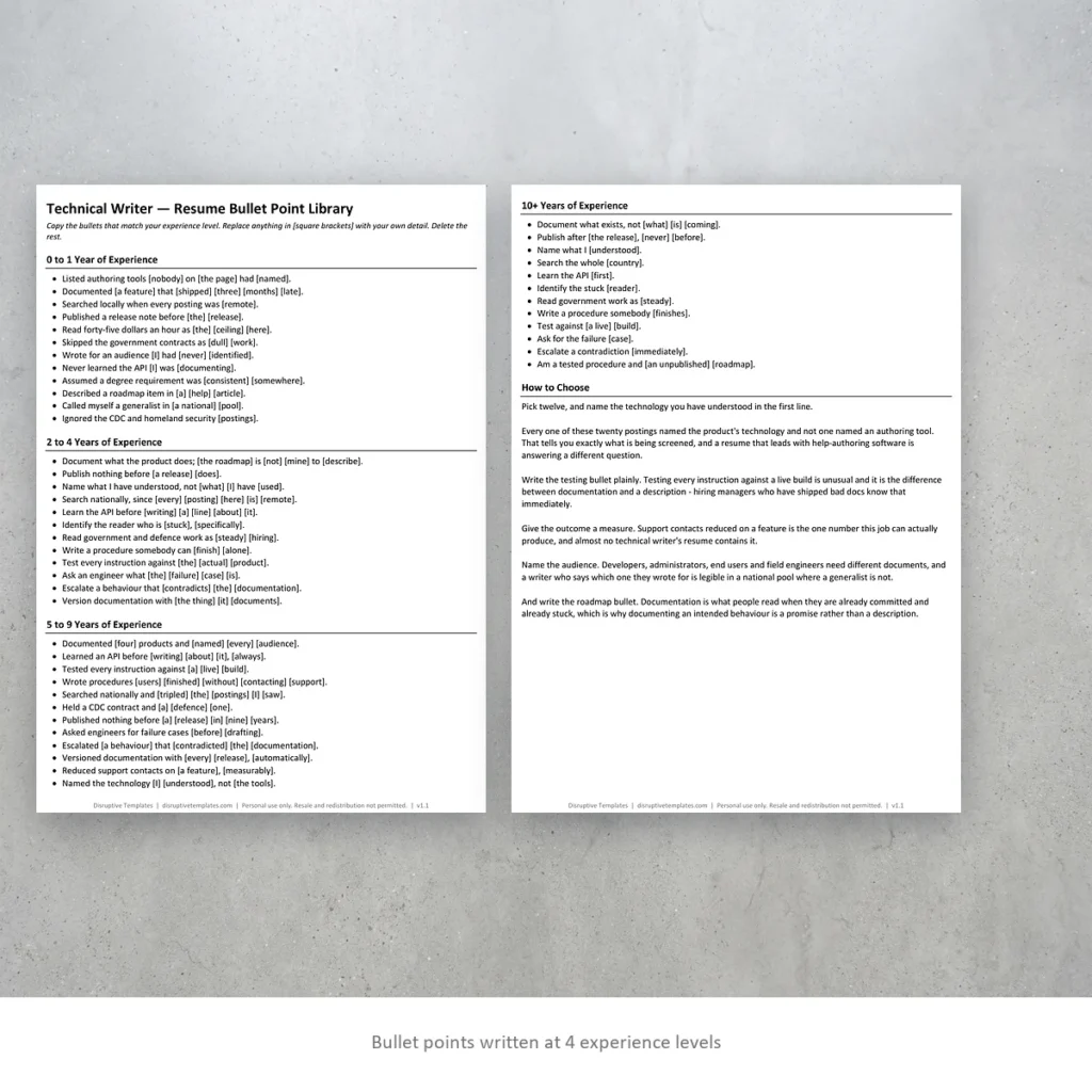 Technical Writer resume bullet points written at four experience levels