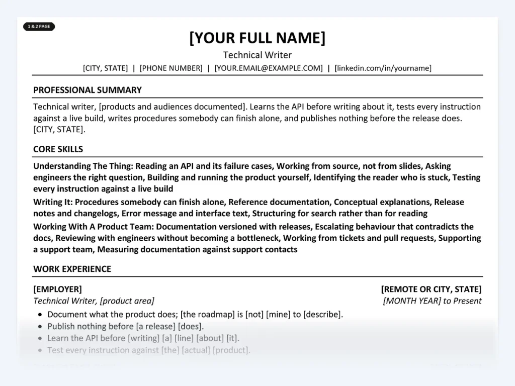 Technical Writer resume template, one page, ATS-friendly layout