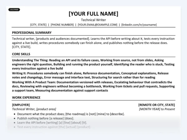 Technical Writer resume template, one page, ATS-friendly layout
