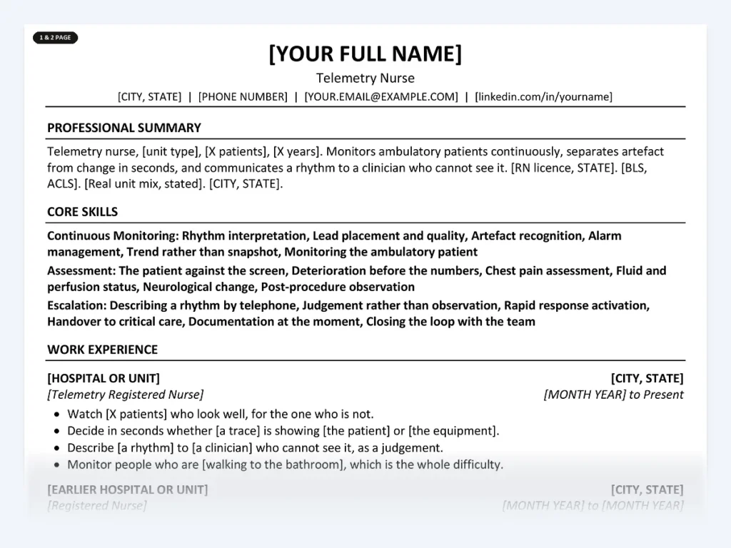 Telemetry Nurse resume template, one page, ATS-friendly layout