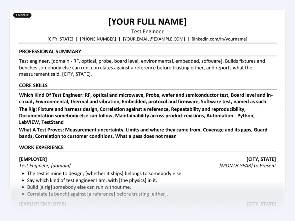 Test Engineer resume template, one page, ATS-friendly layout