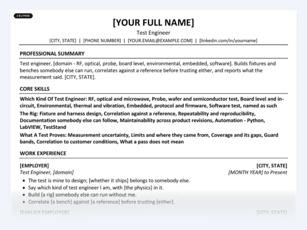 Test Engineer resume template, one page, ATS-friendly layout