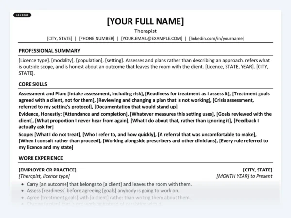 Therapist resume template, one page, ATS-friendly layout