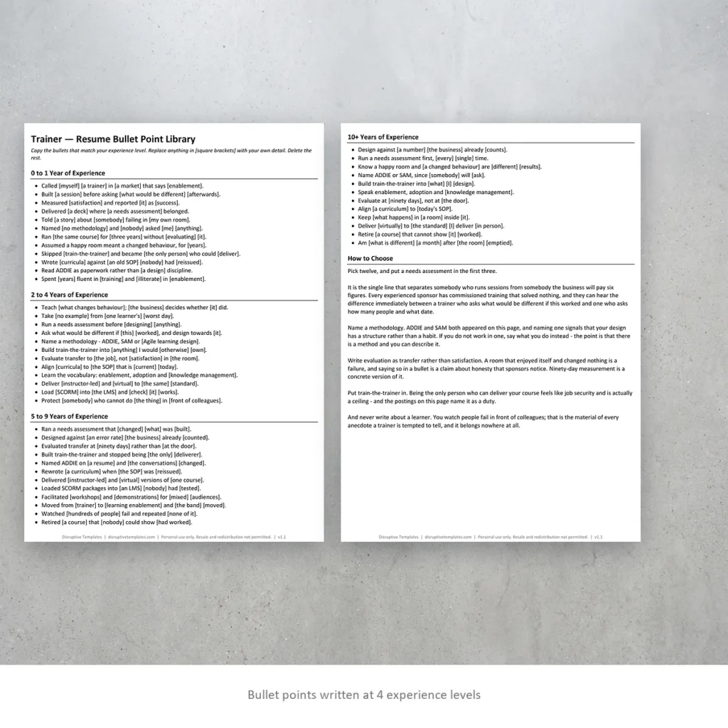 Trainer resume bullet points written at four experience levels