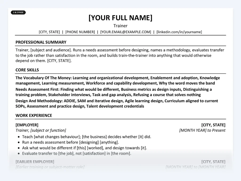 Trainer resume template, one page, ATS-friendly layout