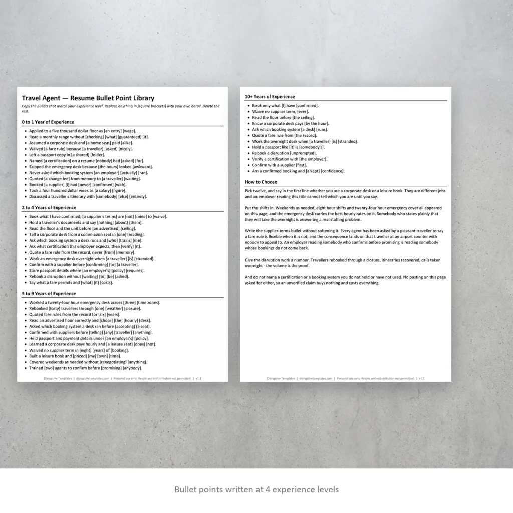 Travel Agent resume bullet points written at four experience levels