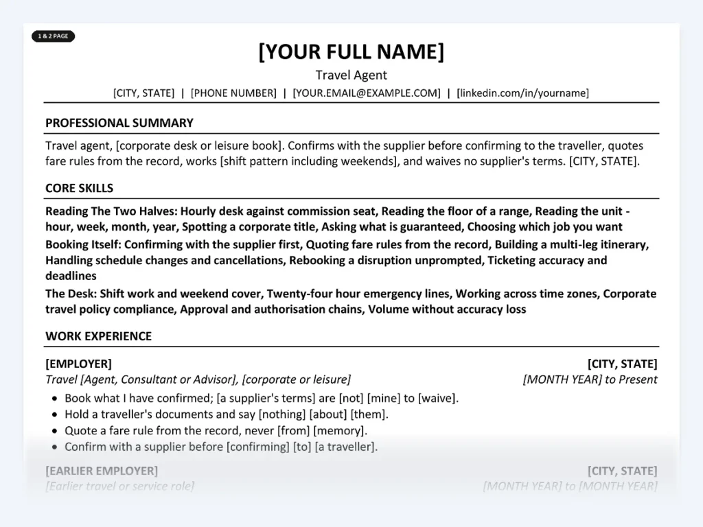 Travel Agent resume template, one page, ATS-friendly layout