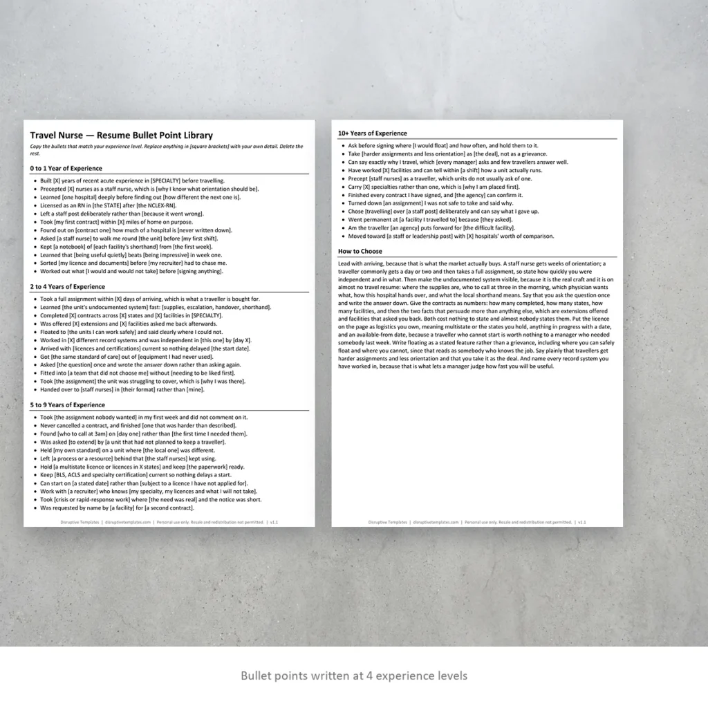 Travel Nurse resume bullet points written at four experience levels