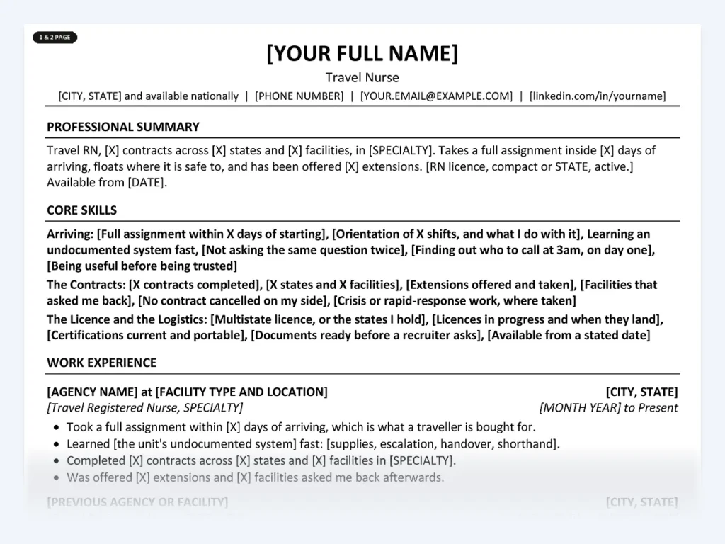 Travel Nurse resume template, one page, ATS-friendly layout
