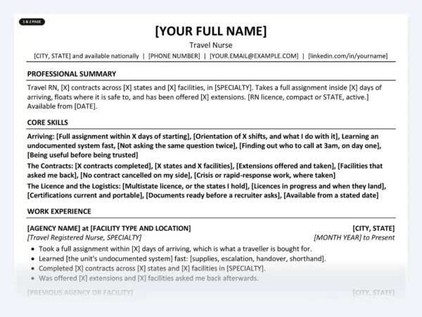 Travel Nurse resume template, one page, ATS-friendly layout