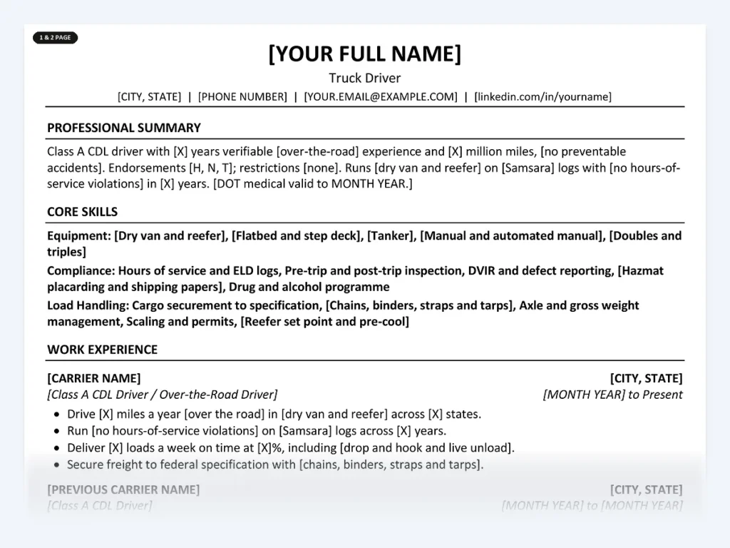 Truck Driver resume template, one page, ATS-friendly layout