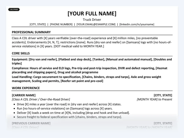 One-page truck driver resume template from the Disruptive Templates truck driver kit