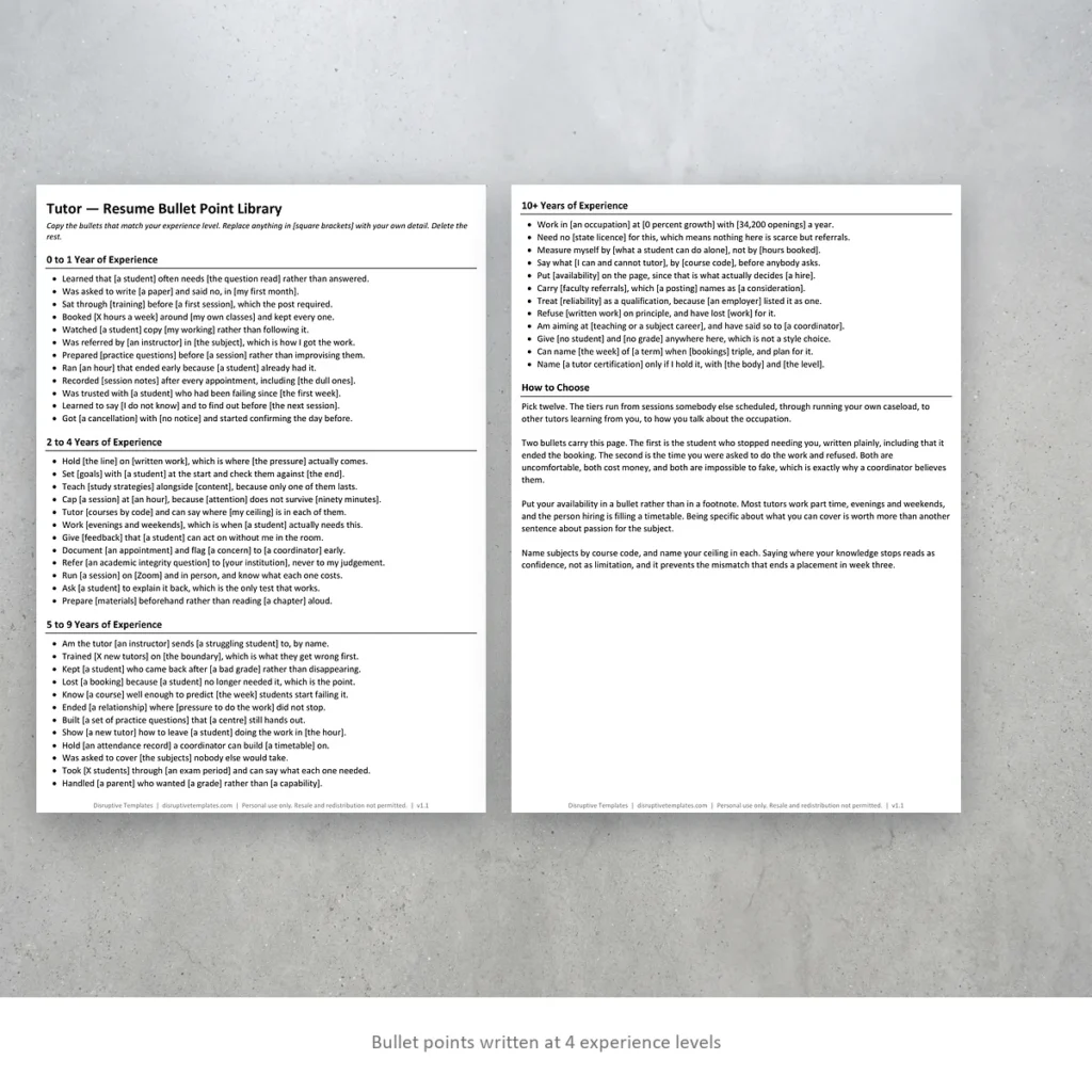 Tutor resume bullet points written at four experience levels