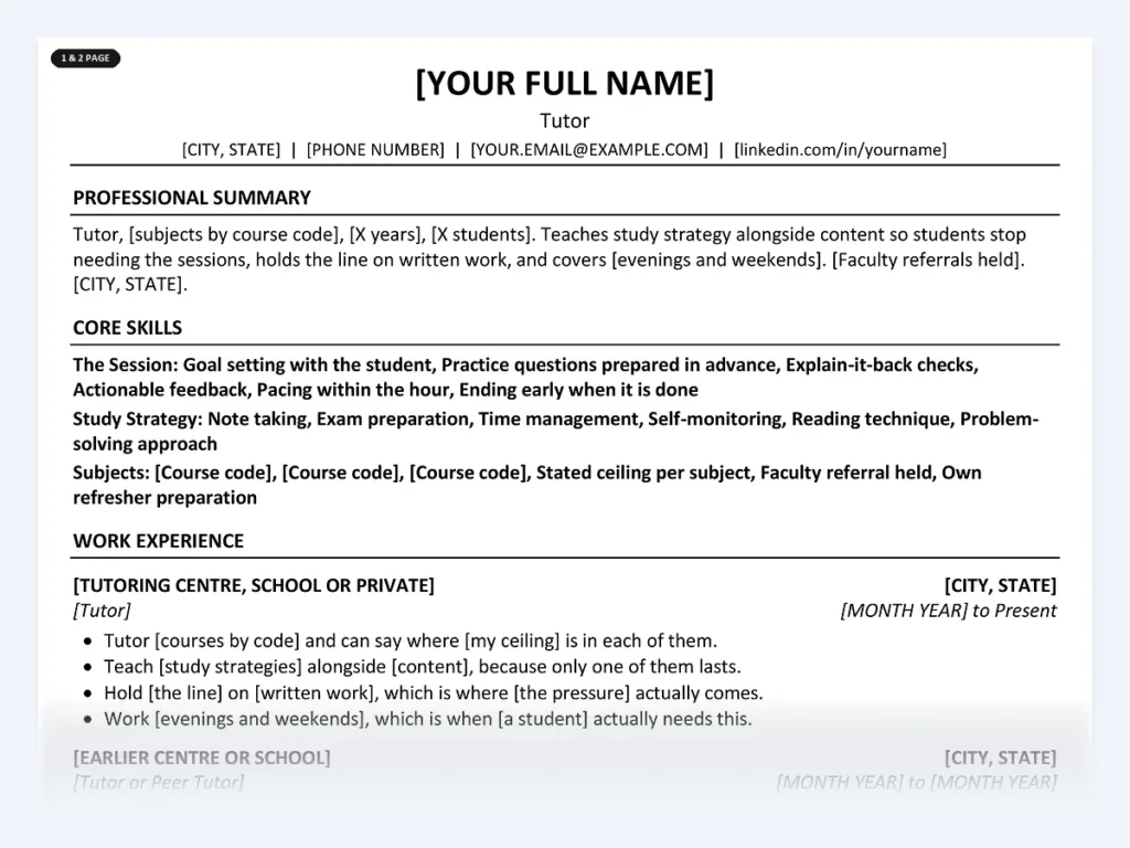 Tutor resume template, one page, ATS-friendly layout