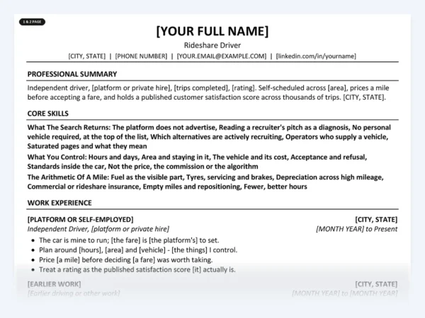 Rideshare Driver resume template, one page, ATS-friendly layout