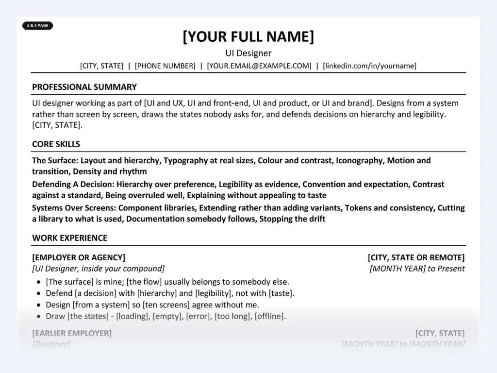 UI Designer resume template, one page, ATS-friendly layout