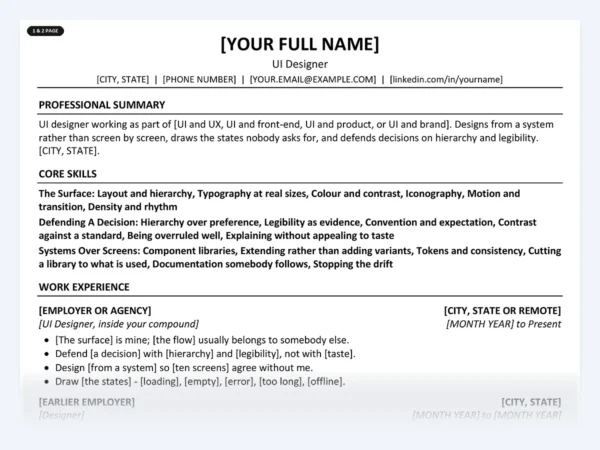 UI Designer resume template, one page, ATS-friendly layout