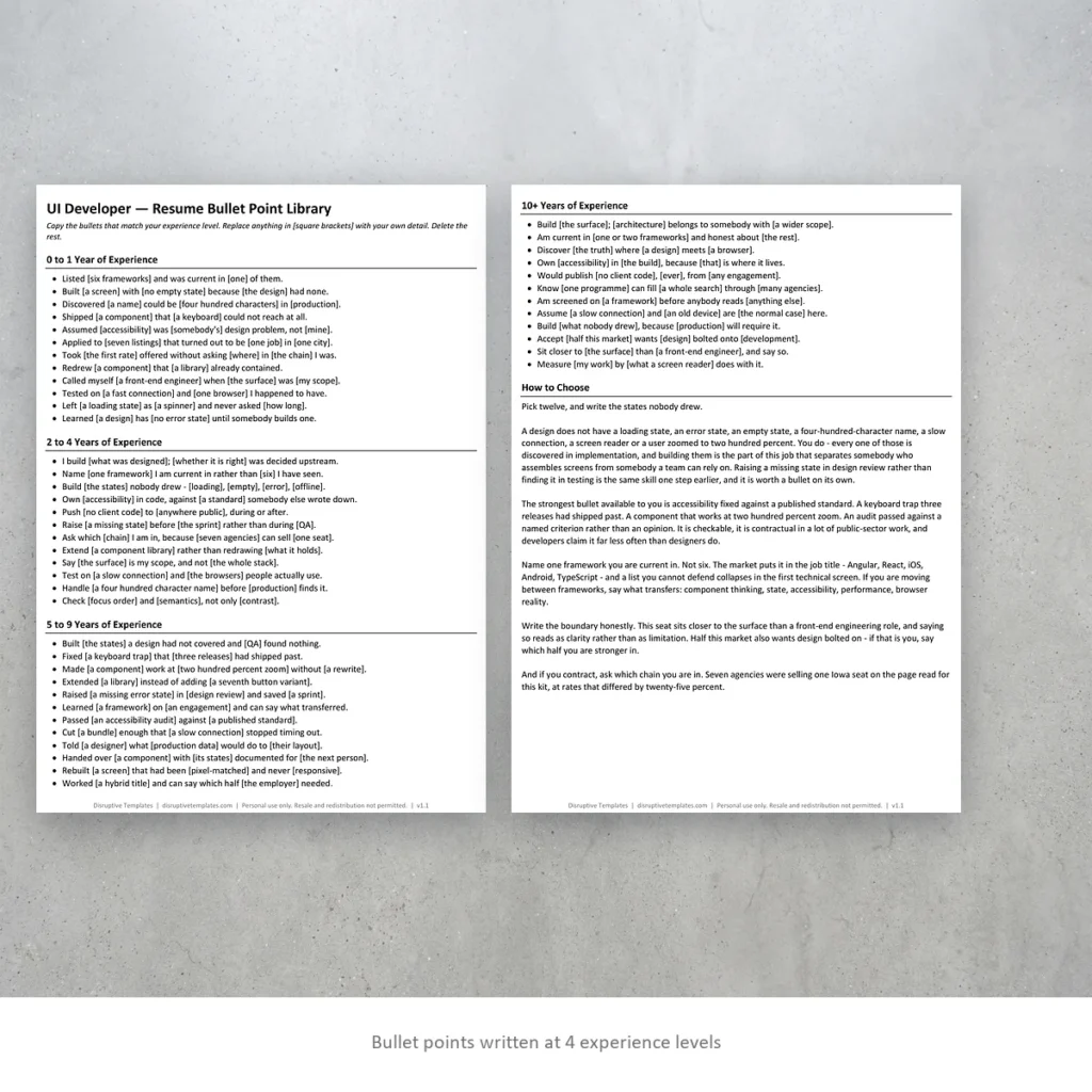 UI Developer resume bullet points written at four experience levels