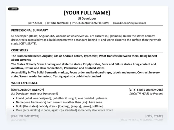 UI Developer resume template, one page, ATS-friendly layout