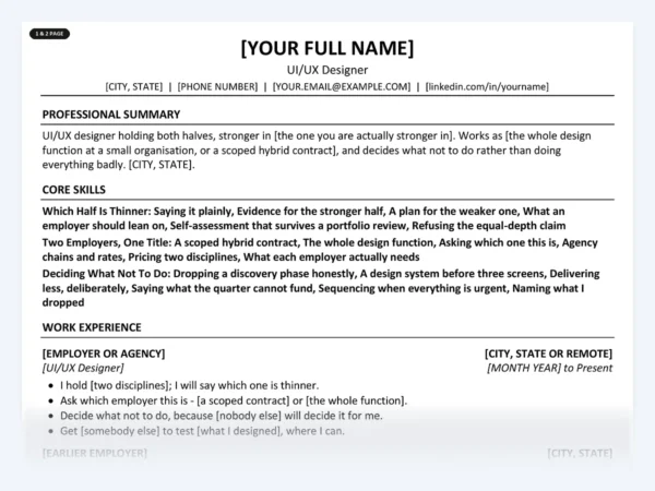 UI/UX Designer resume template, one page, ATS-friendly layout