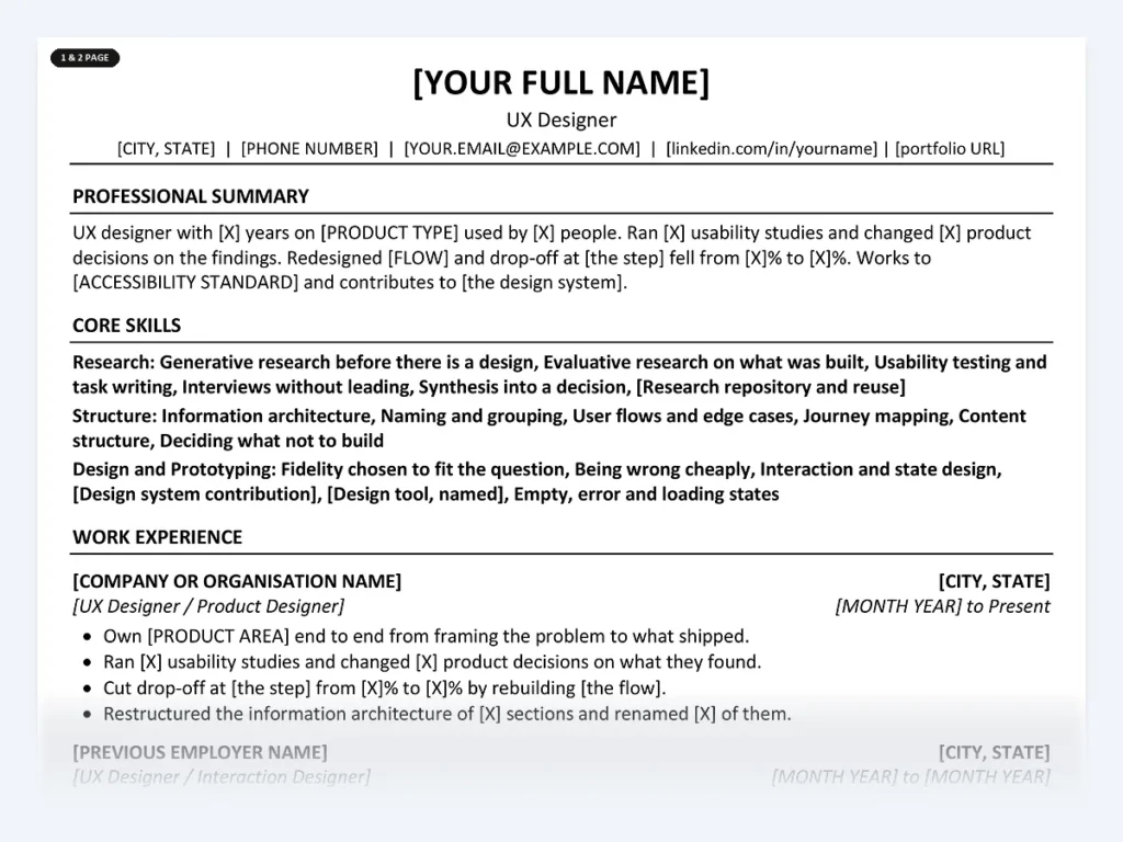 UX Designer resume template, one page, ATS-friendly layout