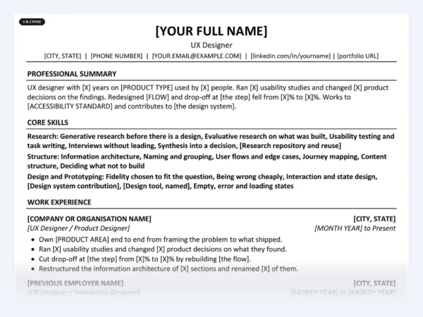 UX Designer resume template, one page, ATS-friendly layout