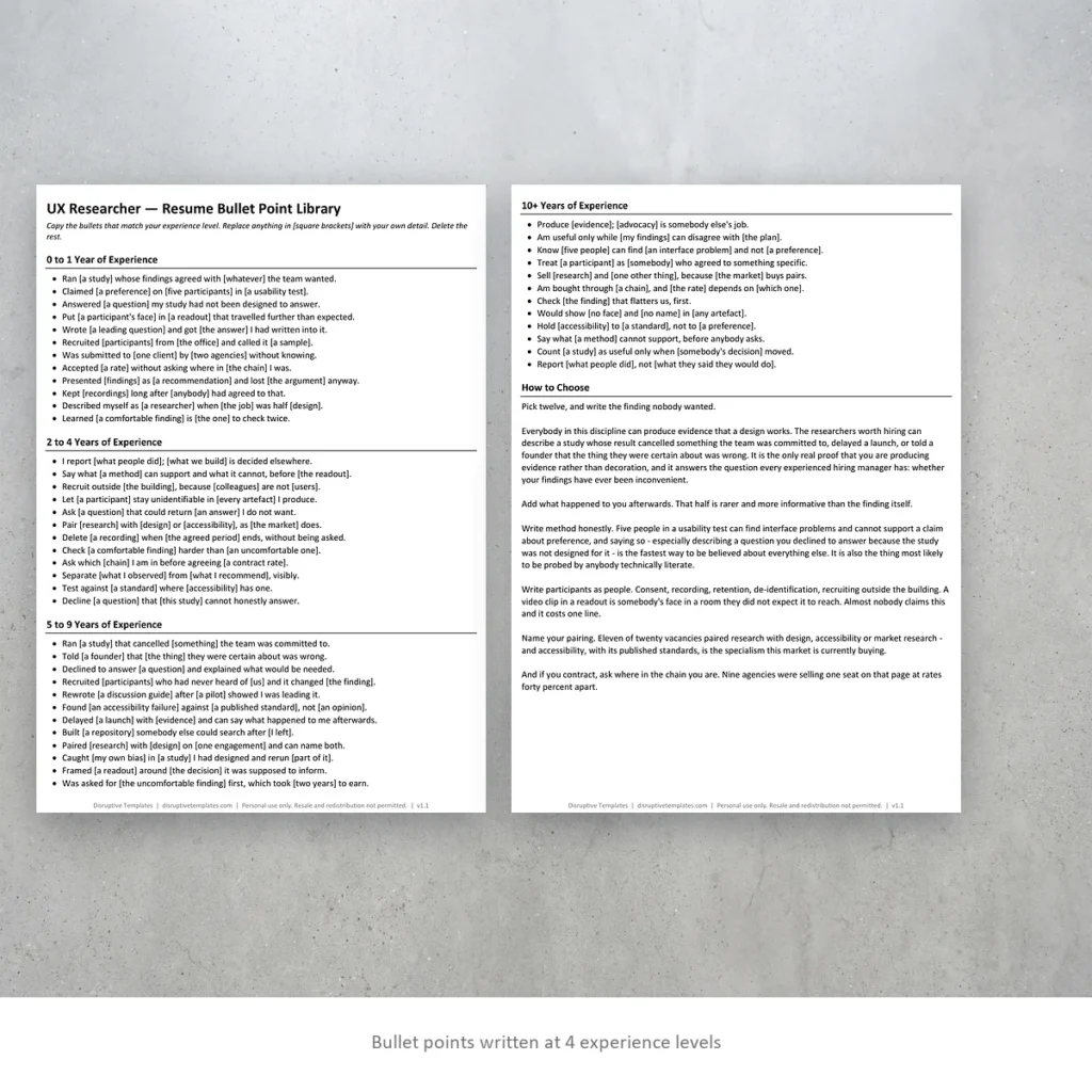UX Researcher resume bullet points written at four experience levels