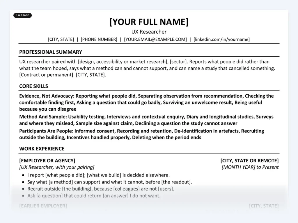 UX Researcher resume template, one page, ATS-friendly layout
