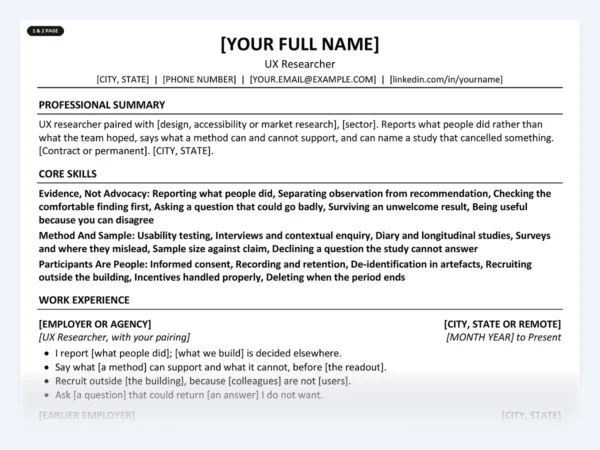 UX Researcher resume template, one page, ATS-friendly layout