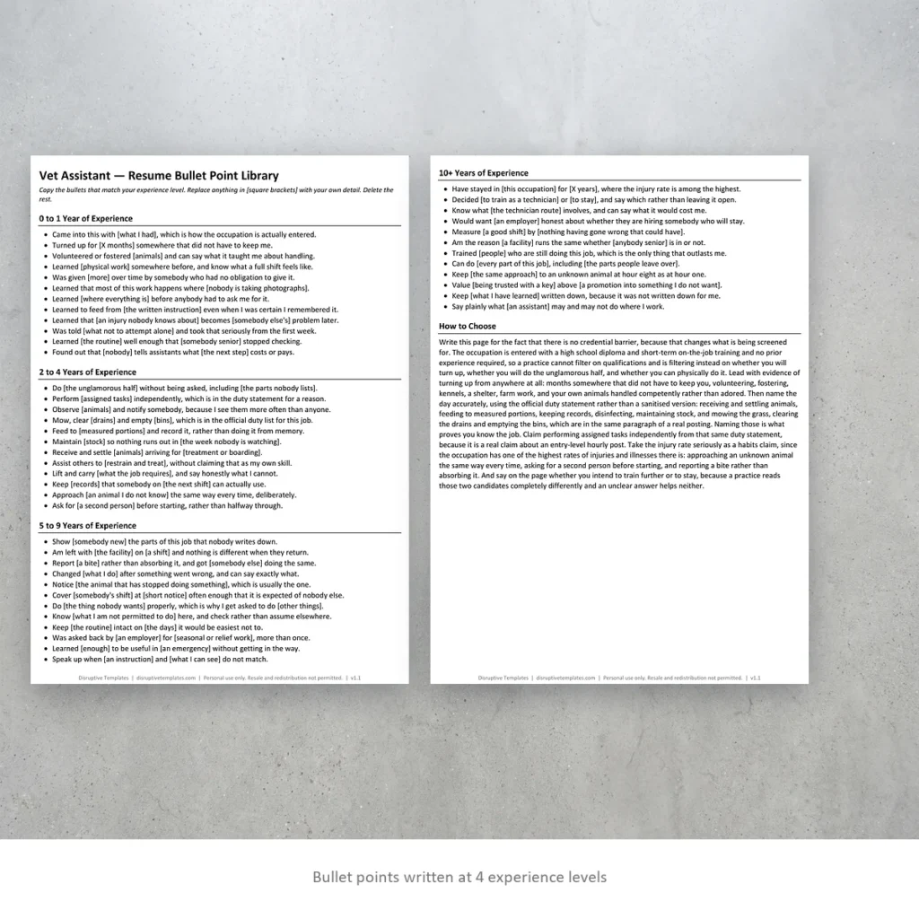 Vet Assistant resume bullet points written at four experience levels