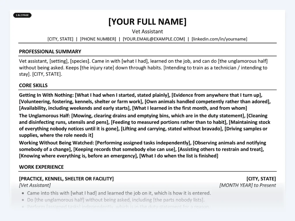 Vet Assistant resume template, one page, ATS-friendly layout
