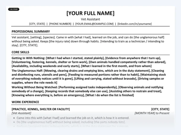 Vet Assistant resume template, one page, ATS-friendly layout