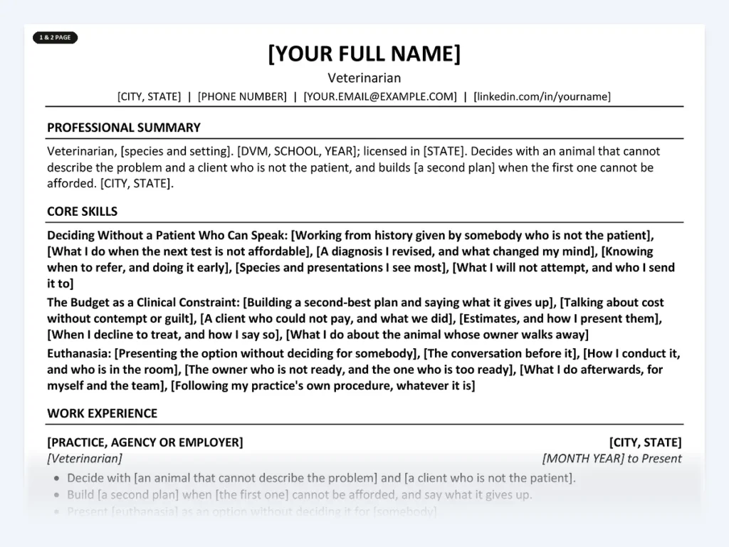 Veterinarian resume template, one page, ATS-friendly layout