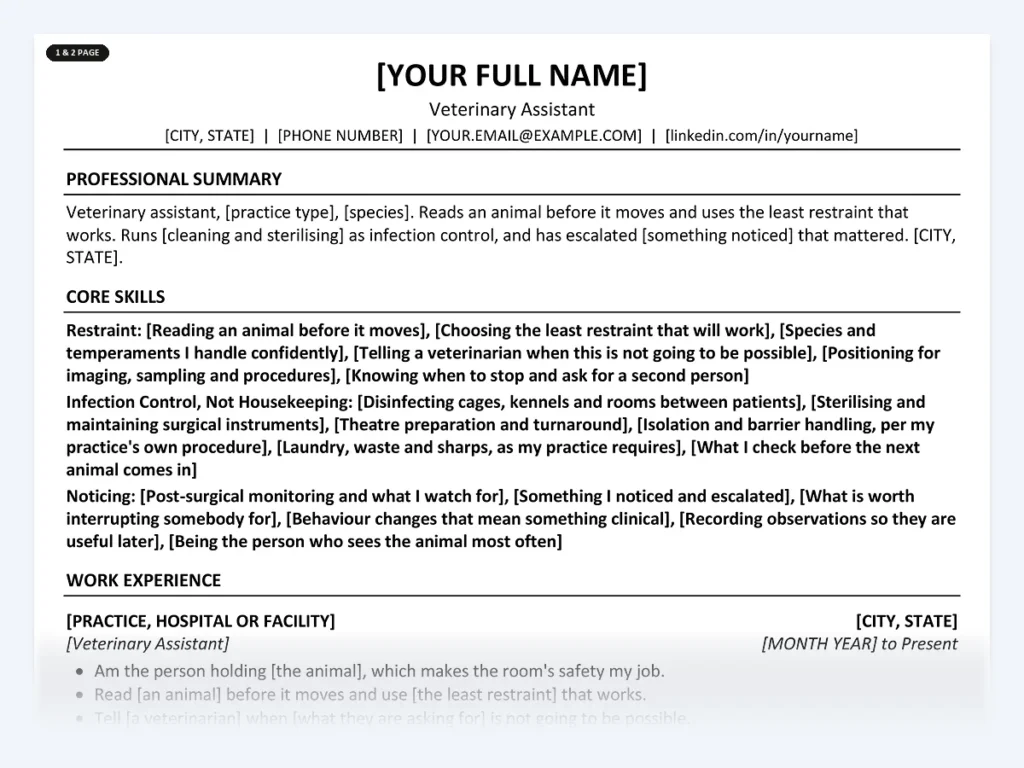 Veterinary Assistant resume template, one page, ATS-friendly layout