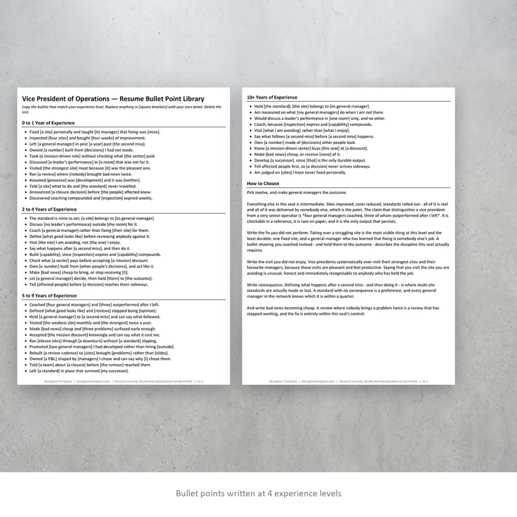 Vice President of Operations resume bullet points written at four experience levels