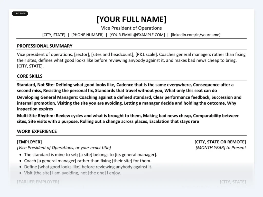 Vice President of Operations resume template, one page, ATS-friendly layout