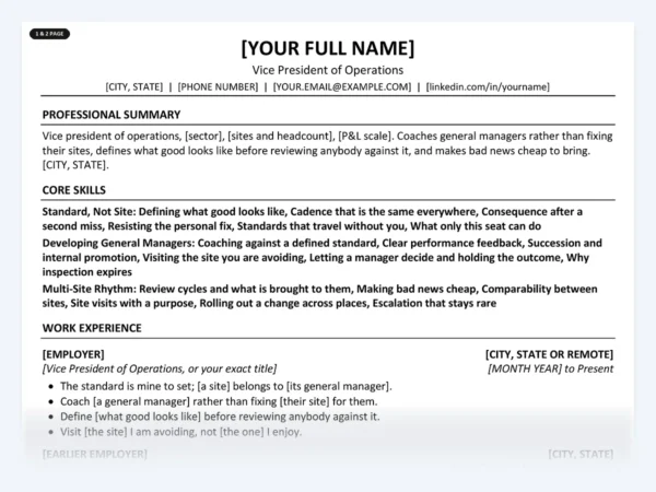 Vice President of Operations resume template, one page, ATS-friendly layout