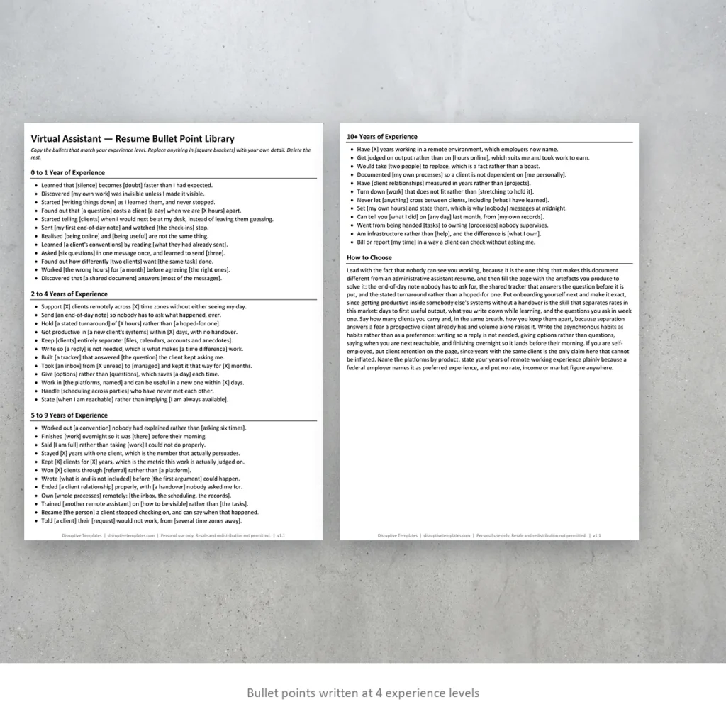 Virtual Assistant resume bullet points written at four experience levels