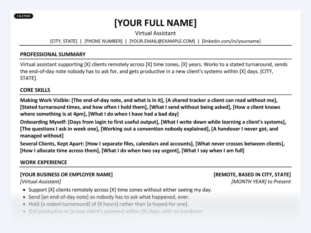 Virtual Assistant resume template, one page, ATS-friendly layout