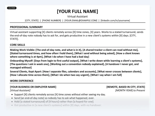 Virtual Assistant resume template, one page, ATS-friendly layout
