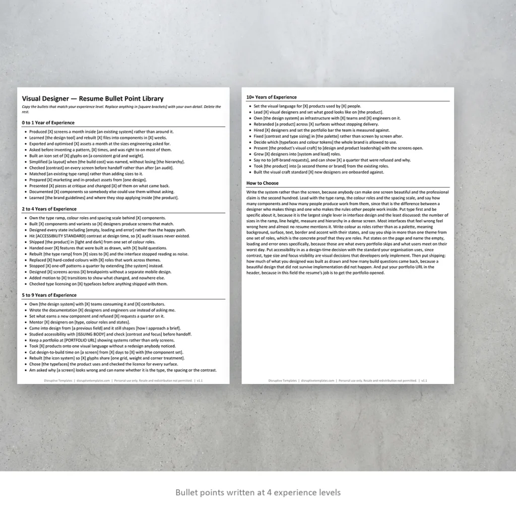 Visual Designer resume bullet points written at four experience levels