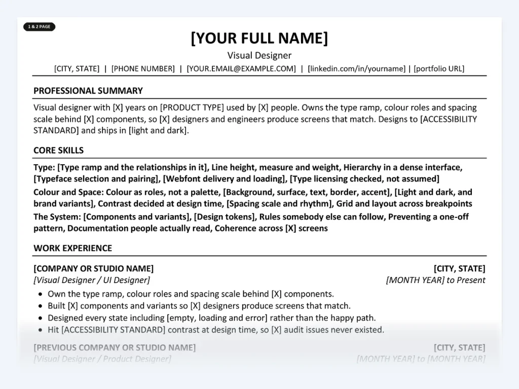 Visual Designer resume template, one page, ATS-friendly layout