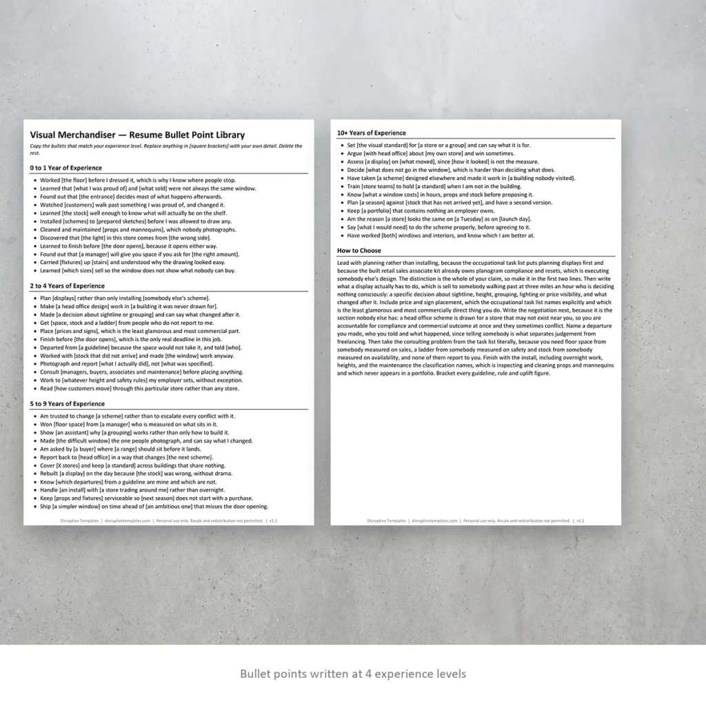 Visual Merchandiser resume bullet points written at four experience levels
