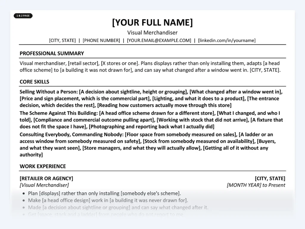 Visual Merchandiser resume template, one page, ATS-friendly layout