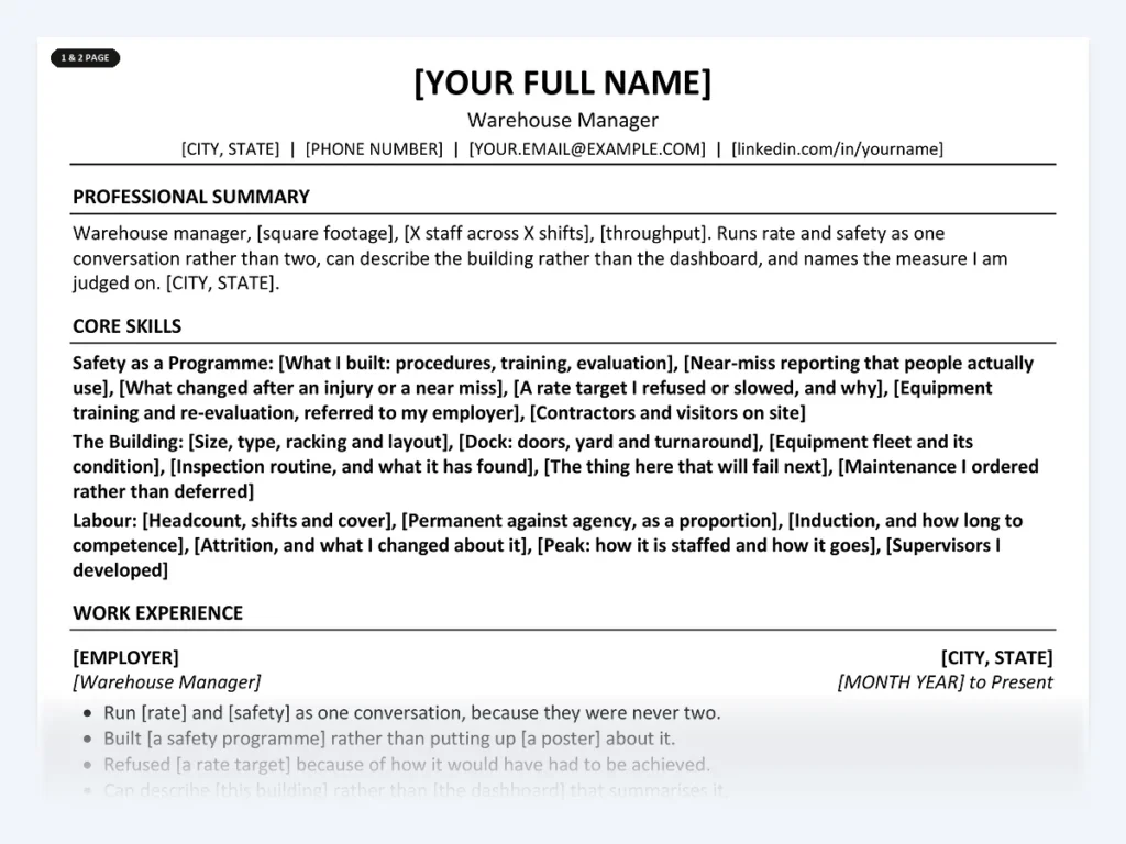 Warehouse Manager resume template, one page, ATS-friendly layout