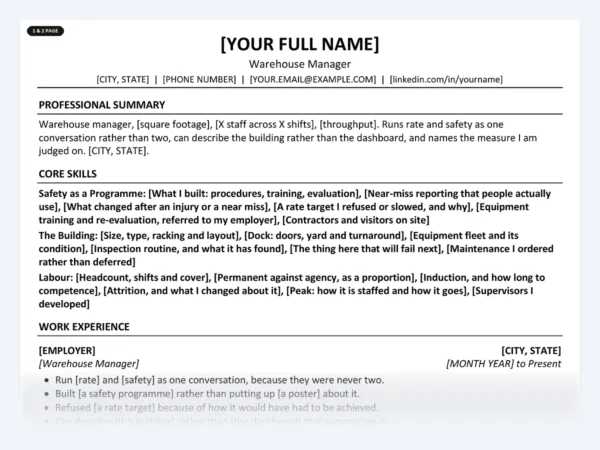 Warehouse Manager resume template, one page, ATS-friendly layout