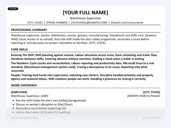 Warehouse Supervisor resume template, one page, ATS-friendly layout