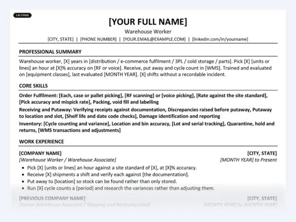 Warehouse Worker resume template, one page, ATS-friendly layout