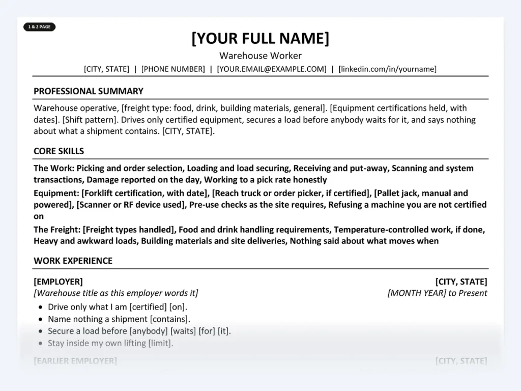Warehouse Worker resume template, one page, ATS-friendly layout