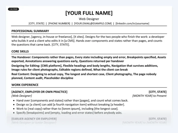 Web Designer resume template, one page, ATS-friendly layout